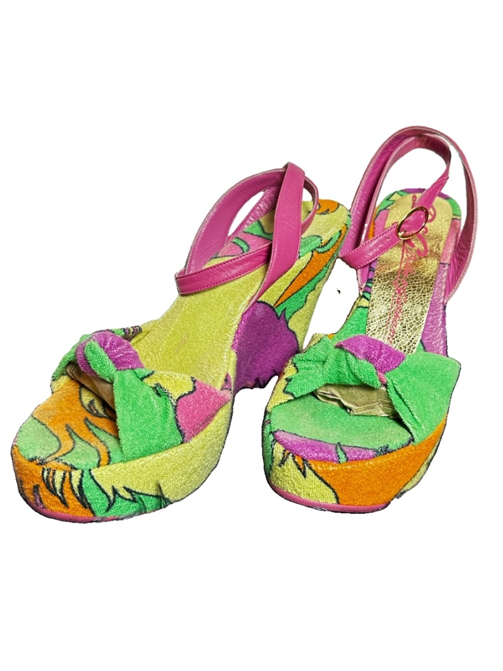 Vintage Y2K Dolce & Gabbana Neon print Strappy Wedge Sandals Sz 37/37.5